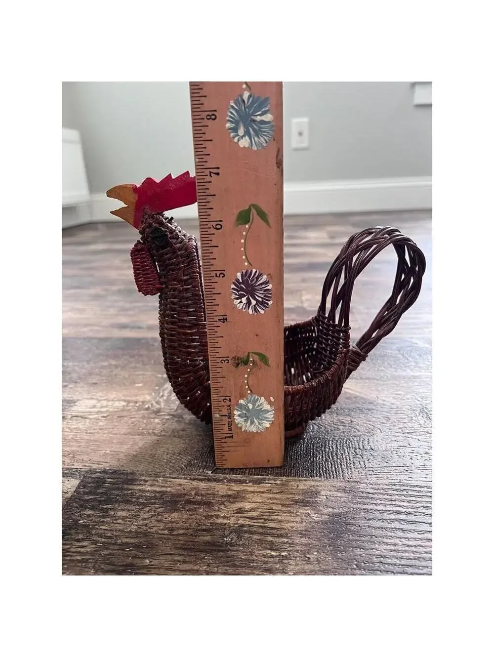 Vintage Wicker Rooster Basket | Handwoven Chicken with Carved Wooden Head